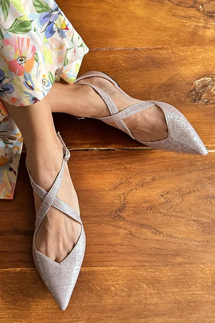 Glitter Pointy Toe Buckle Cross Ankle Strap Flats