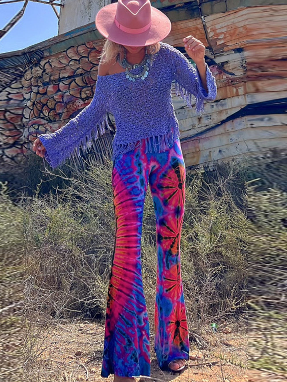 High-Waisted Boho Flared Casual Trousers