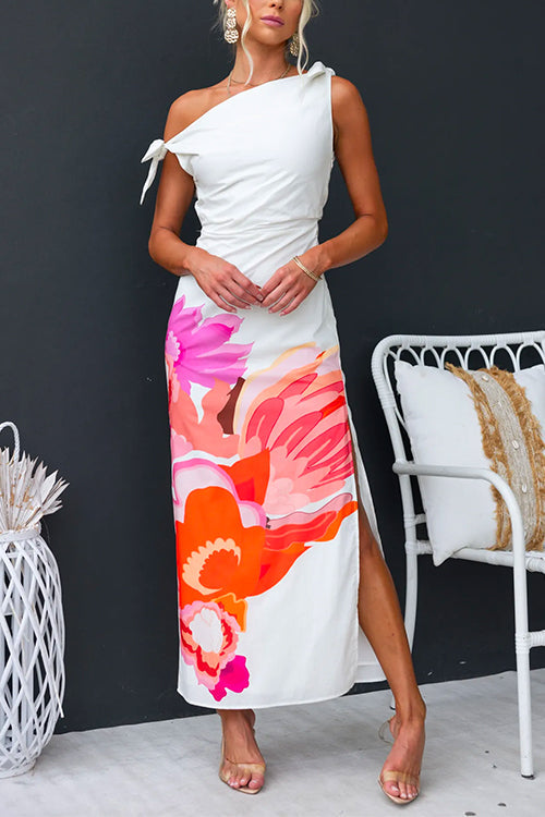 Asymmetric One Shoulder Side Slit Floral Maxi Dress