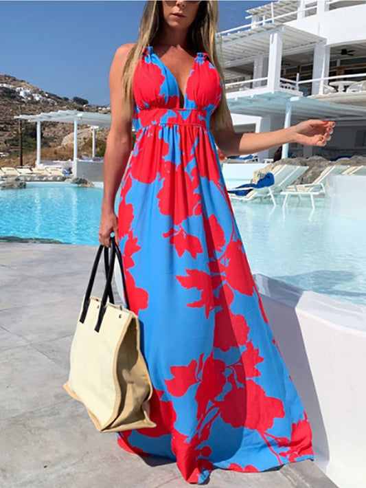 Boho Floral Print V-Neck Sleeveless Maxi Dress