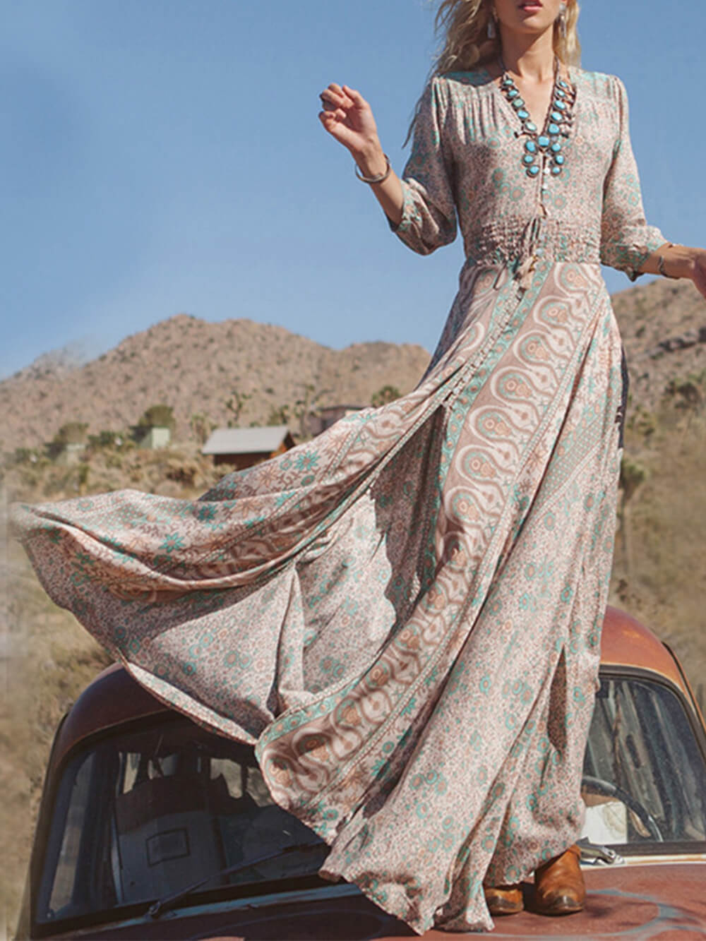 V-Neck Chiffon Maxi Dress Half Sleeve Smocked Waist Paisley Print