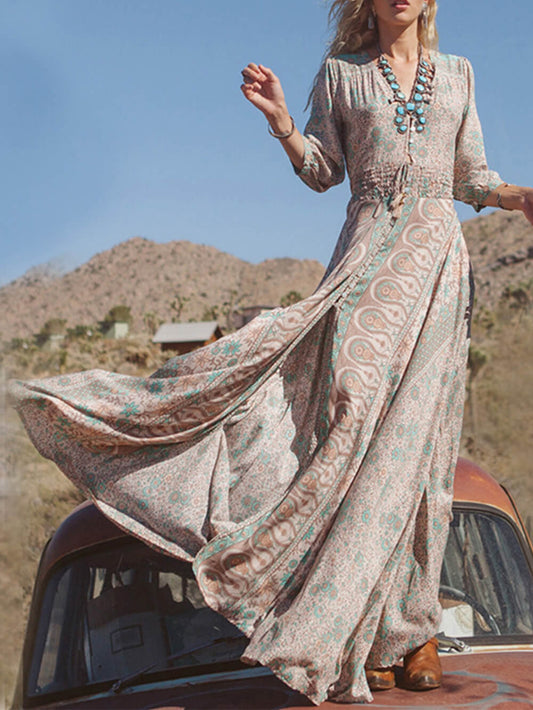 V-Neck Chiffon Maxi Dress Half Sleeve Smocked Waist Paisley Print