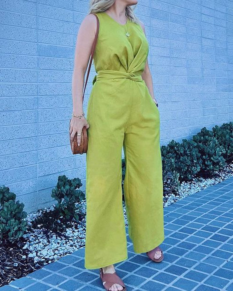 Sleeveless V-Neck Twist Front Wide Leg Jumpsuit