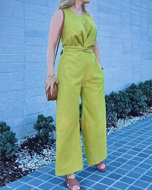 Sleeveless V-Neck Twist Front Wide Leg Jumpsuit