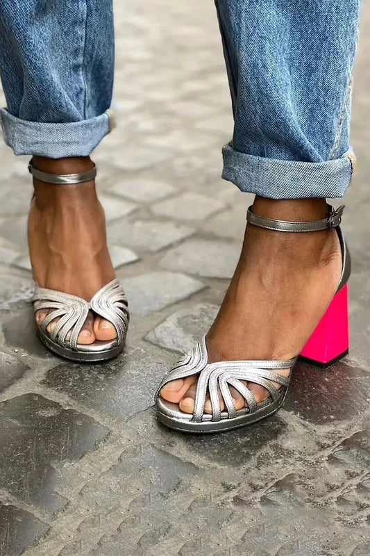Dressy Sparkly Buckle Ankle Strap Peep Toe Platform Chunky Heels