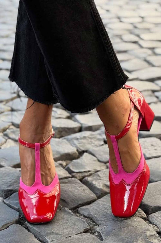 Contrast Patent Leather T-Strap Square Toe Chunky Heels [Pre Order]