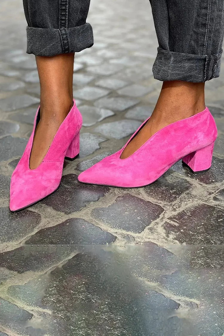 Faux Suede Cut Out Slip On Pointy Toe Chunky Heels