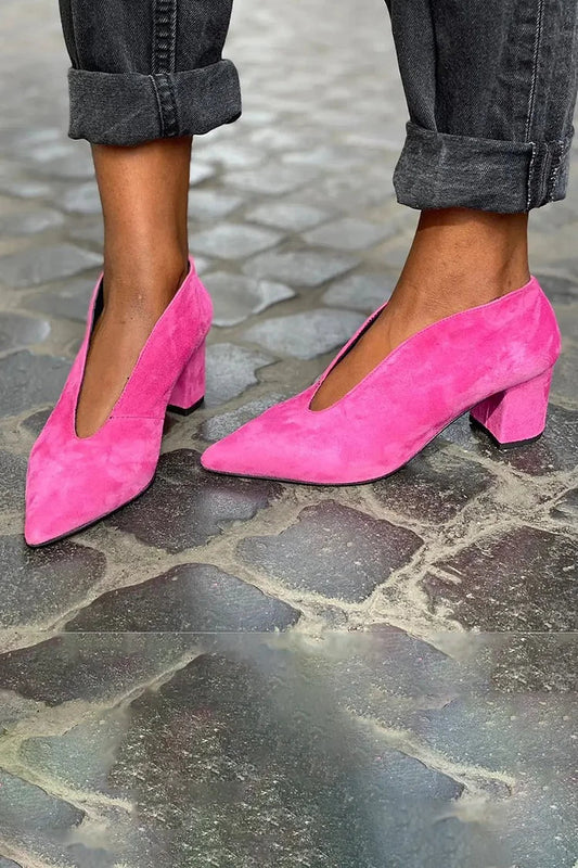 Faux Suede Cut Out Slip On Pointy Toe Chunky Heels