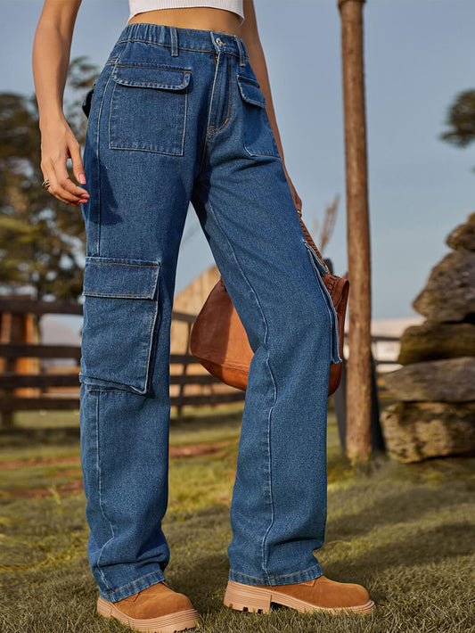 High Waist Washed Multi-Pocket Denim Cargo Jeans