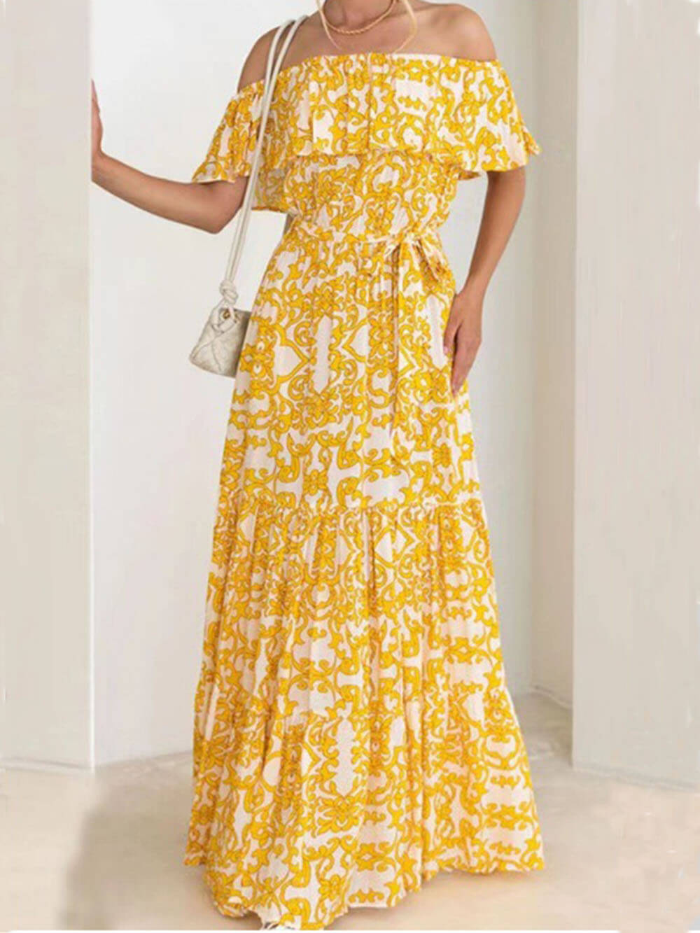 Off-Shoulder Short-Sleeve Printed Ruffle Tiered Maxi Dress