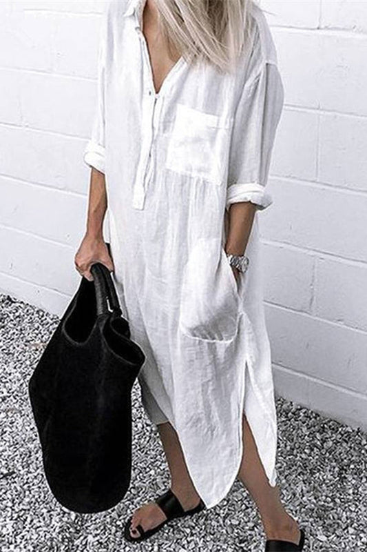Solid Color V-Neck Long Sleeve Button Slit Shirt Dress