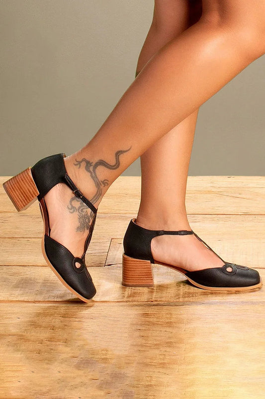 Square Toe Hollow Out T-Strap Buckle Low Heels