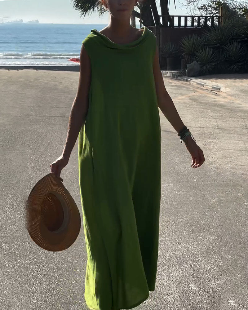 Lässiges ärmelloses Maxikleid aus Baumwoll-Leinen-Mix mit Wasserfallausschnitt