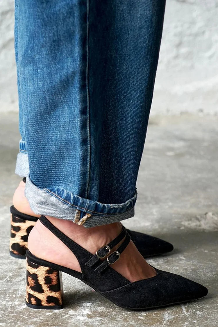Instep Strap Pointy Slingback Chunky Heels