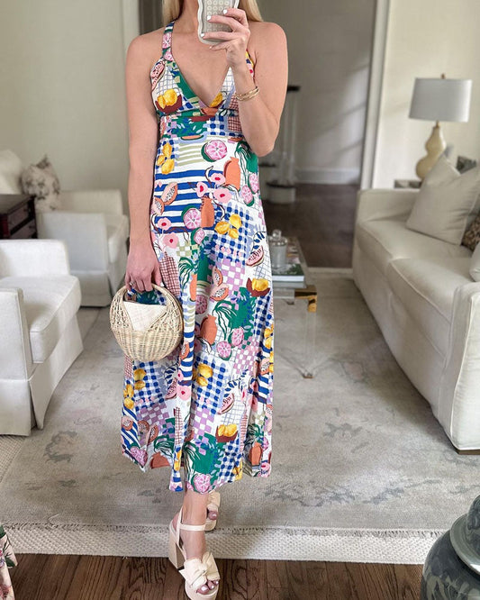 V-Neck Printed Halter Midi Dress