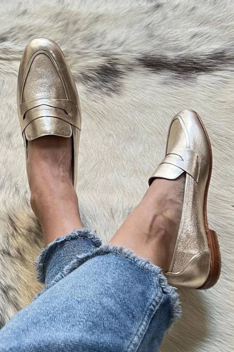 Metallic Sheen Round Toe Penny Loafers
