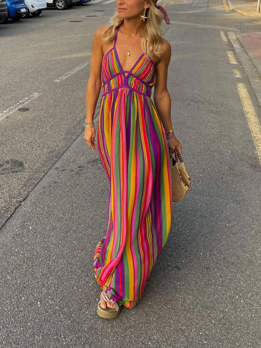 Stripe Print V-Neck Maxi Dress
