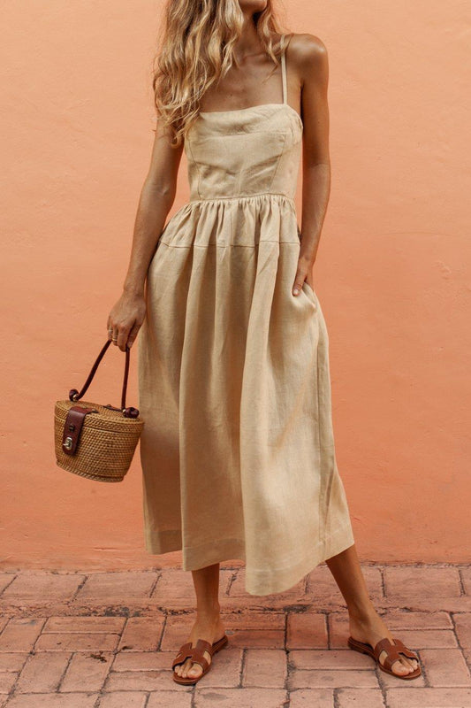Linen Spaghetti Strap Midi Dress