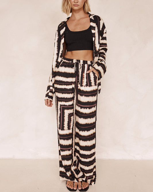 Printed Long Sleeve Collared Shirt and Drawstring Wide Leg Pants Set