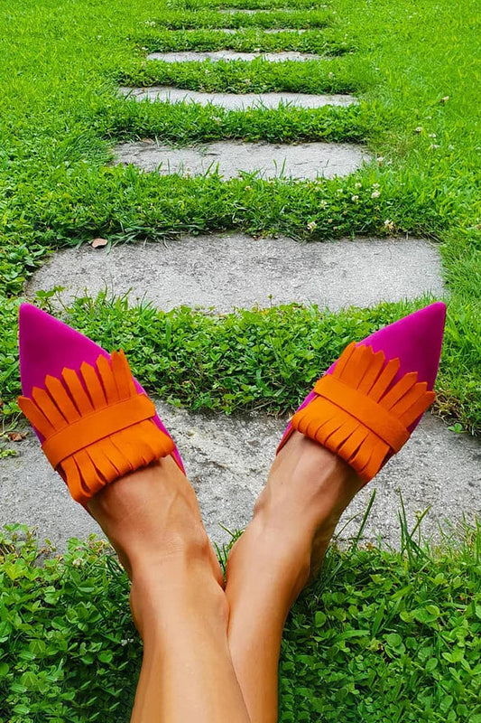 Fringed Trim Pointy Toe Slippers Matte Mules