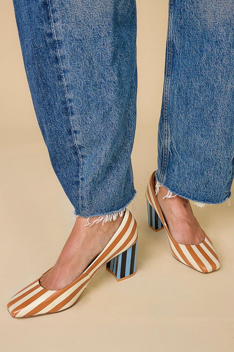 Striped Square Toe Chunky Heels [Pre Order]