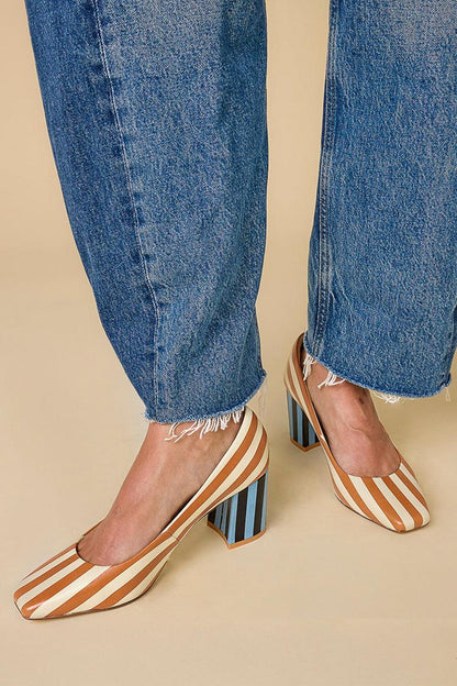 Striped Square Toe Chunky Heels [Pre Order]