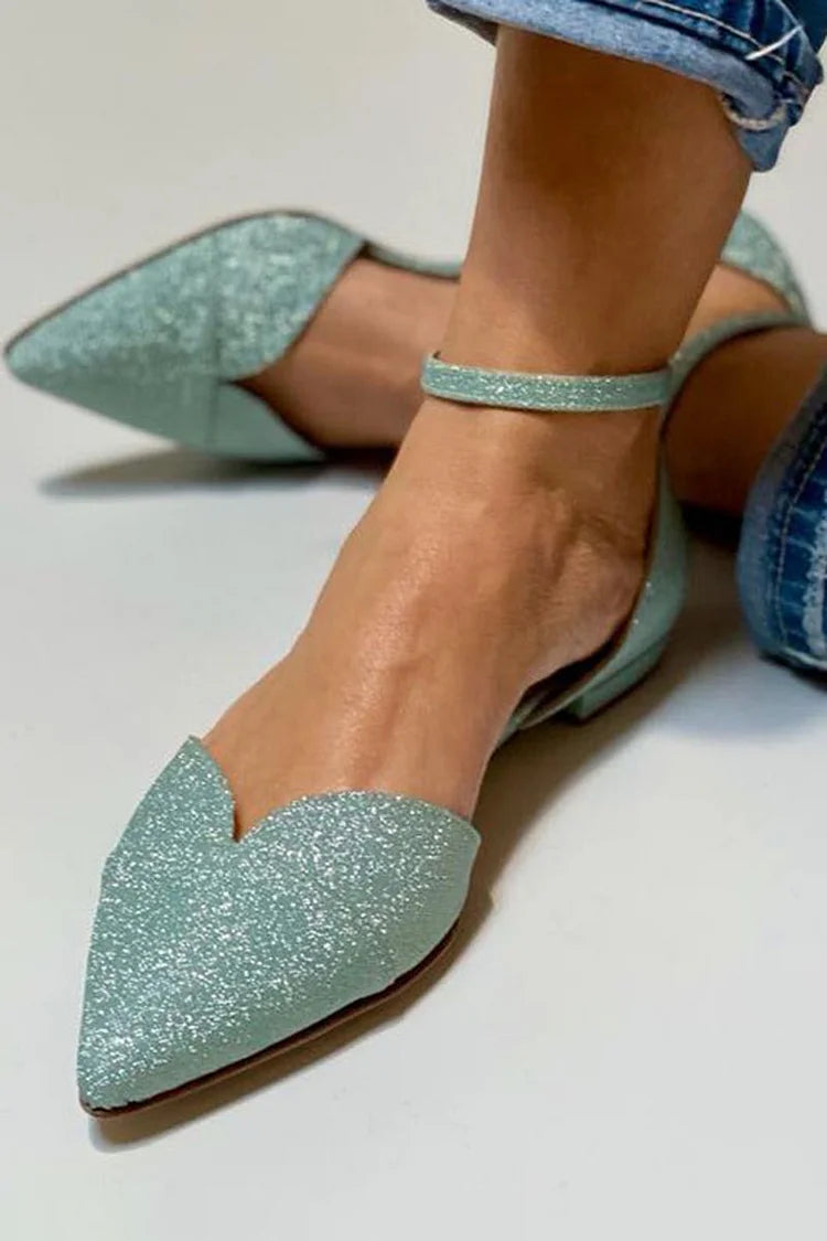 Ankle Strap Glitter Pointed Toe Flats