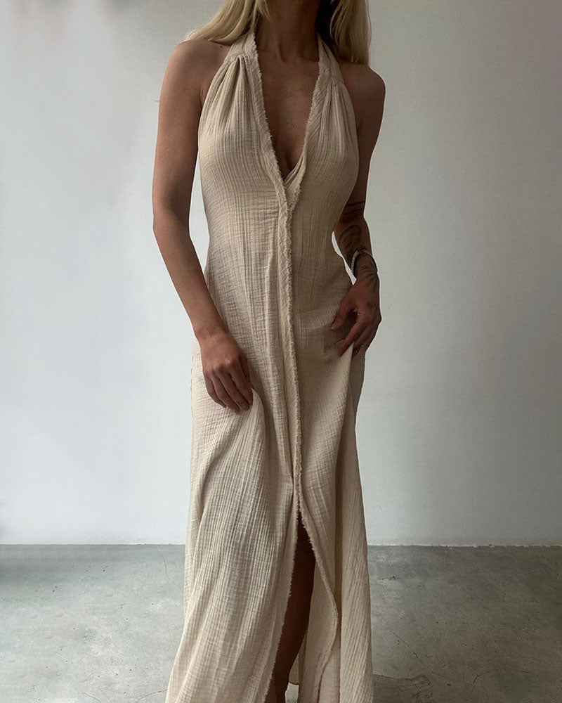 Vestido elegante de algodón y lino con escote halter en V y botones delanteros