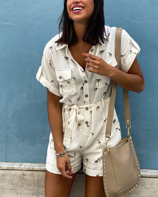 Giraffe Print Button Front Utility Romper