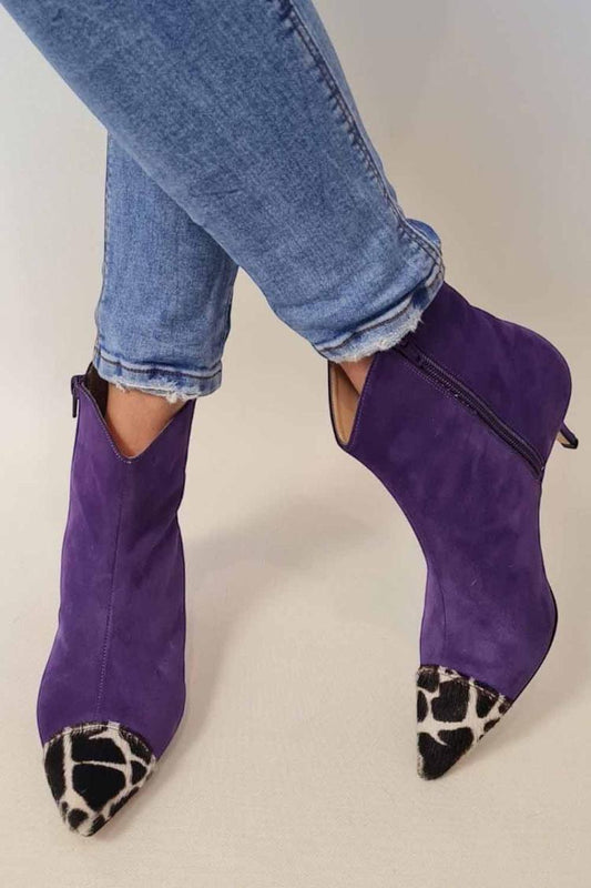 Leopard Print Patchwork Pointy Toe Purple Stiletto Heel Boots [Pre Order]