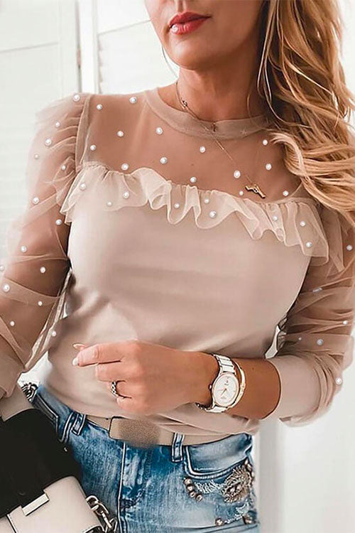 Crewneck Faux Pearl Embellished Mesh Sleeve Chiffon Top