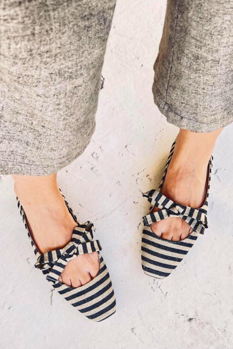 Stripe Tie Up Bow Square Toe Flats [Pre Order]