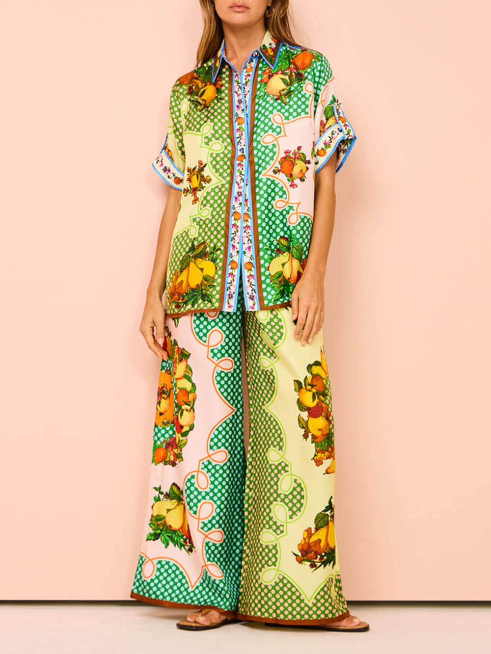 Printed Lemon Two-Piece Shirt and Wide-Leg Pants Set