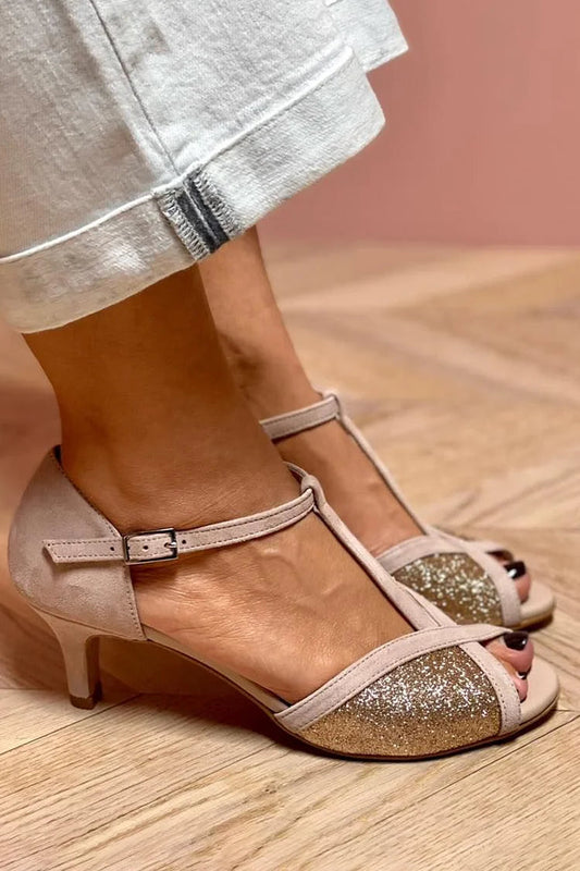 Patchwork Glitter T-Strap Peep Toe Kitten Heels