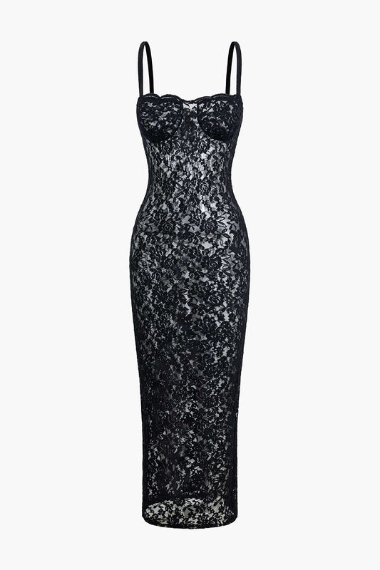 Floral Lace Bustier Slit Slip Maxi Dress