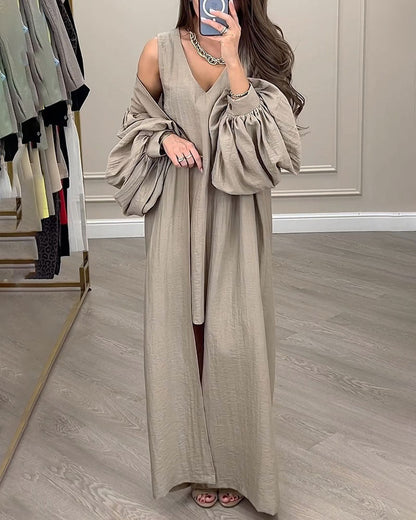 Textured Sleeveless V-Neck Mini Dress Lantern Sleeve Long Cardigan Two-Piece Set