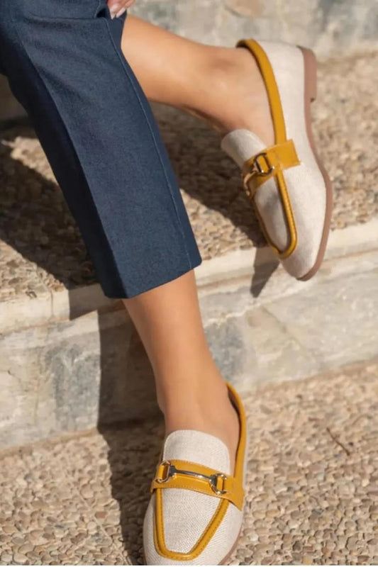 Metal Decor Contrast Trim Round Toe Loafers [Pre Order]
