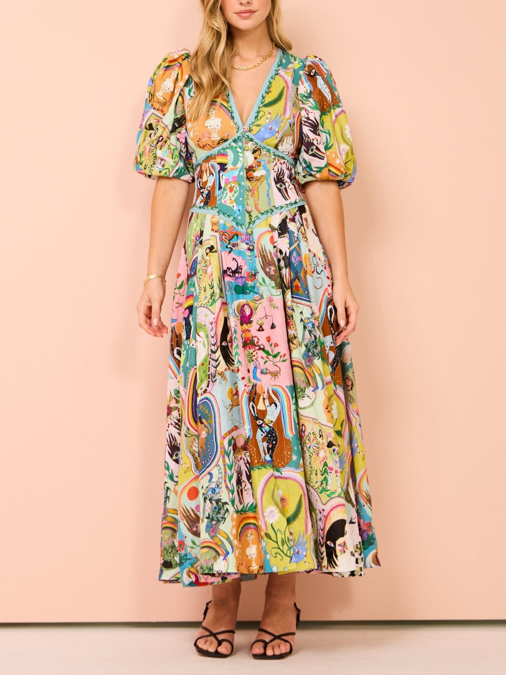 Vestido midi con escote en V, mangas abullonadas y botones delanteros