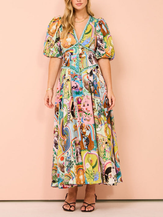 V-Neck Puff Sleeve Button-Down Midi Dress