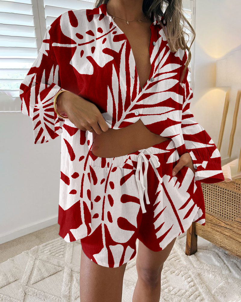 Leaf Print Button Front Long Sleeve Shirt Shorts Casual Two-Piece Set