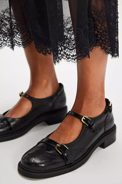 Brogue Detail Buckle Strap Round Toe Flats [Pre Order]