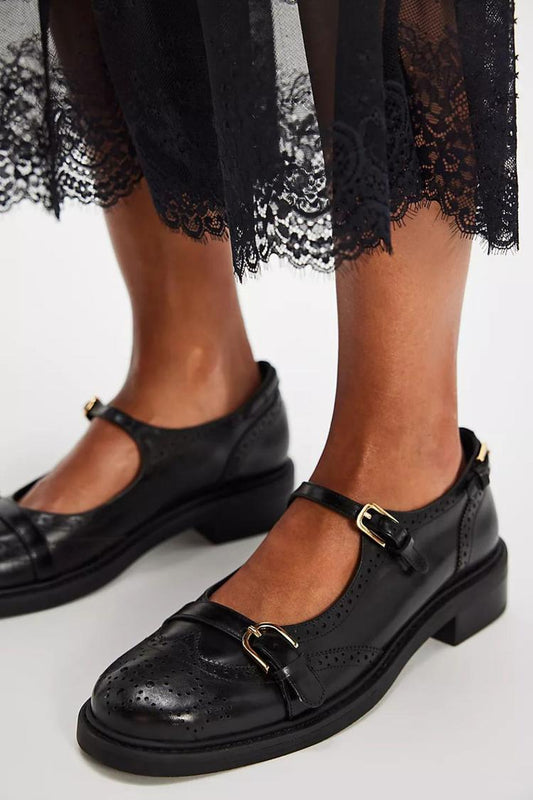 Brogue Detail Buckle Strap Round Toe Flats [Pre Order]