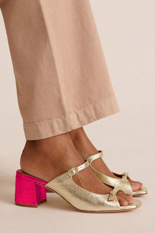 Open Cut Out Colorblock Toe Slingback Gold Chunky Heels