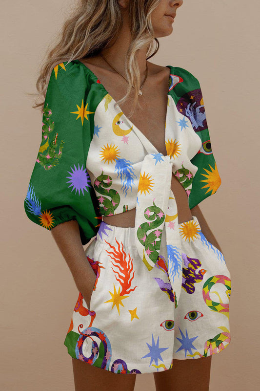 Abstract-print tie-front puff-sleeve two-piece set