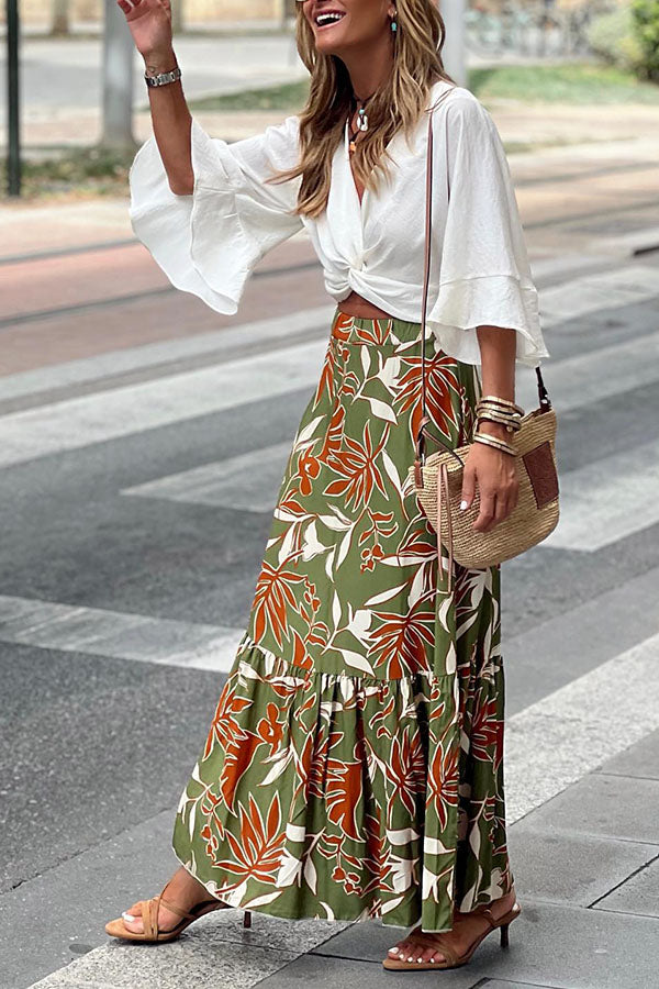 Retro Floral Leaf Print Tiered Pleated Maxi Skirt