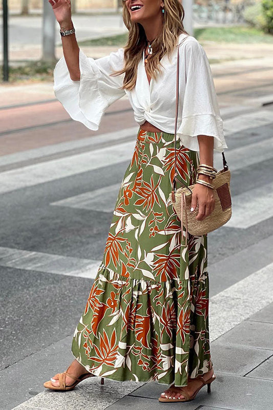 Falda maxi plisada de volantes con estampado retro de hojas y flores