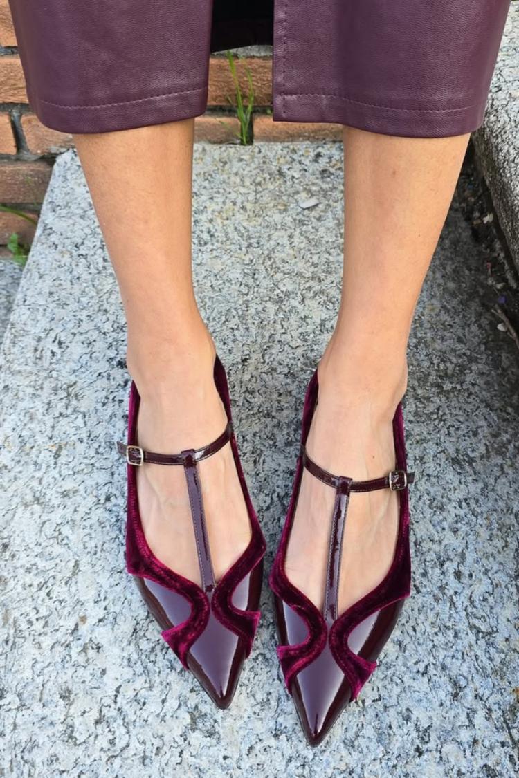 Velvet Patchwork T-Strap Buckle Pointy Toe Flats [Pre Order]