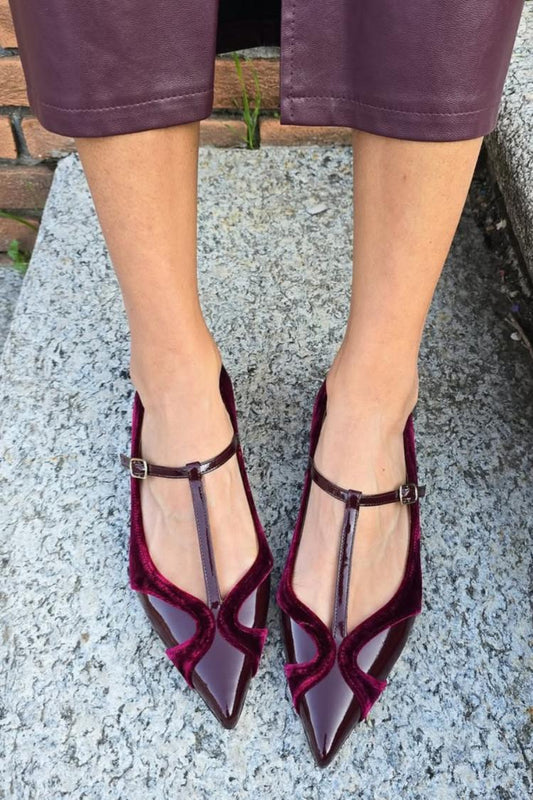 Velvet Patchwork T-Strap Buckle Pointy Toe Flats [Pre Order]