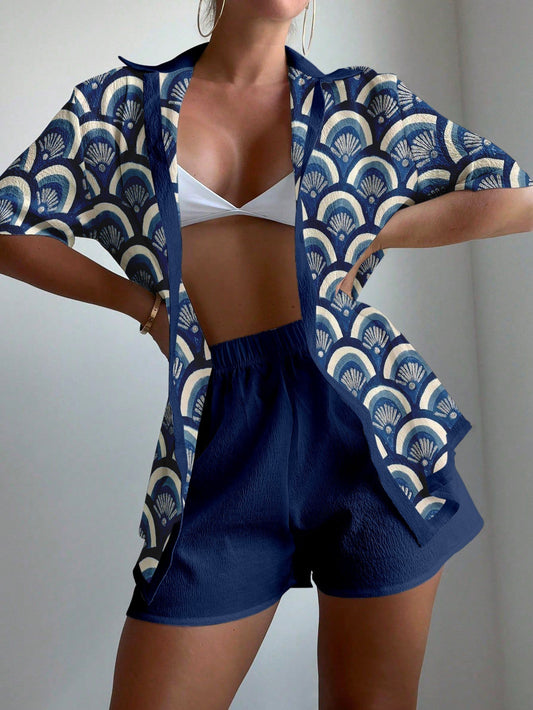 Fächerförmiger Print Kurzarmshirt Elastische Taillenshorts Set