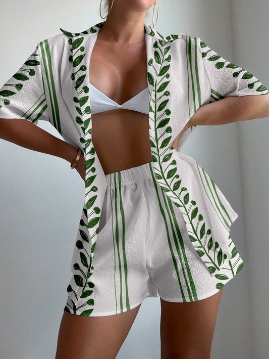 Kurzarmhemd mit Blätterdruck und Shorts, zweiteiliges Set